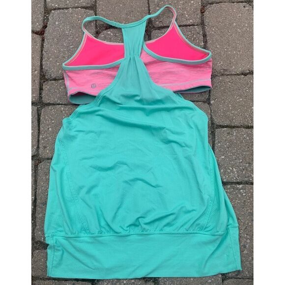 LULULEMON NO LIMITS green neon pink SPORT BRA layered TANK TOP sz 8 - Picture 2 of 7
